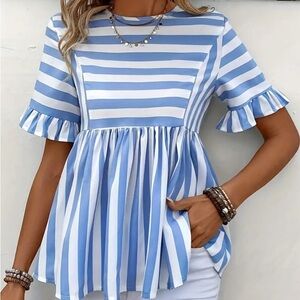 Womens Size Small Boutique Top Blue White Stripe Babydoll